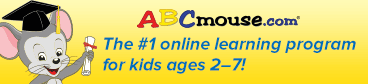 A cartoon mouse wearing a graduation cap holds a diploma next to the ABCmouse.com logo and text that says, The #1 online learning program for kids ages 2–7! on a yellow background.