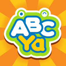 ABCya logo with bold, playful letters in blue, white, and yellow outlined in green, set against an orange background with sunburst rays.