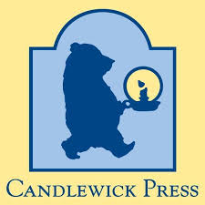 A blue silhouette of a bear holding a lit candle on a tray inside a rounded blue frame, with CANDLEWICK PRESS written in yellow below on a pale yellow background.