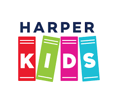 Logo with the word HARPER in dark blue above four colorful book spines spelling KIDS in white letters; each book is a different color: red, green, pink, and blue.