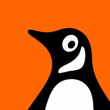 A stylized black and white penguin in profile, set against a bright orange background. The simple design uses bold lines and shapes for a modern, graphic look.