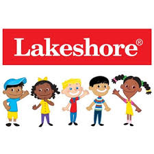 Five diverse cartoon children smiling and waving, standing under a red banner with the white word Lakeshore on it.