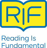 Logo featuring a yellow open book outlined in blue with the letters RIF inside. Below the book, blue text reads Reading Is Fundamental.