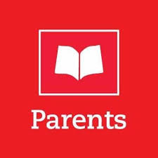A white open book icon inside a white square, above the word Parents in bold white letters, all set against a solid red background.