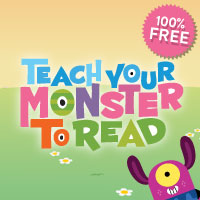 Colorful text reads Teach Your Monster To Read with a 100% FREE label in a pink circle at the top right. A friendly, one-eyed cartoon monster with purple arms appears in the bottom right on a grassy background.
